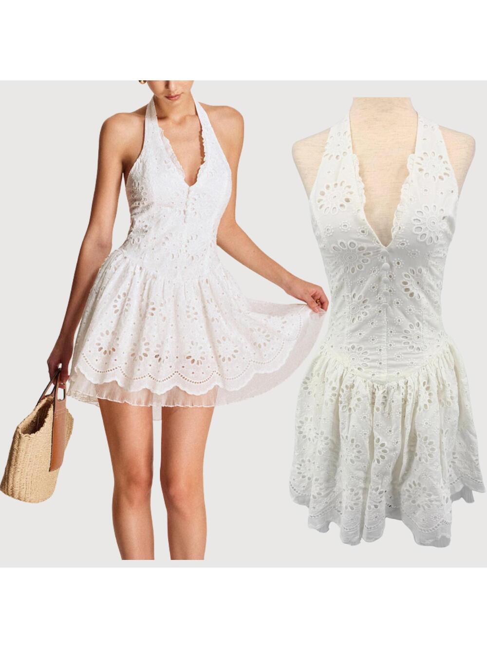 Commense Eyelet Halter Mini Dress White Coquette XS